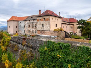 Uzhorod, Ukrayna - 20 Ekim 2007: restorasyon şatosu. Sonbaharda bulutlu bir günde şehir manzarası. popüler seyahat hedefi