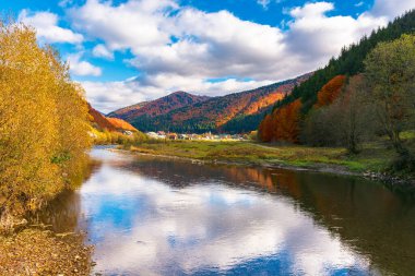 autumn landscape with tereblya river in carpatian mountains. countryside scenery of ukraine on a cloudy day in fall season reflecting in the calm water. village in the distance clipart