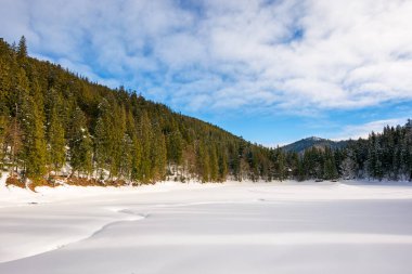 Öğleden sonra ormanın içindeki dağ gölü karla kaplandı. Kış sabahı ışığında güzel bir manzara. Mavi gökyüzündeki bulutlar