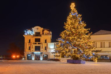 Uzhorod, Ukrayna - Ocak 06, 2019: Merkezi meydanda noel ağacı