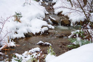 Kışın küçük bir dere. Soğuk su. Karlar kıyıları kapladı. karlı hava