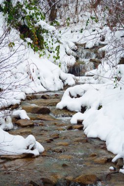 Kışın küçük bir dere. Huzurlu bir ortam. Karlar kıyıları kapladı. beyaz sezon