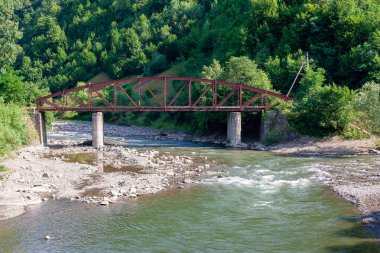 tisza river near rakhiv town. green environment. carpathian mountain landscape in summer. place where two stream join. outdoor nature background clipart