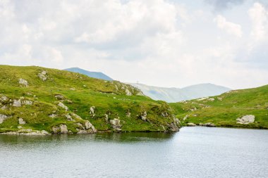 Yazın Alp Gölü kaprası. Turizm eğlencesi. Hava bulutlu. İbne tepesi manzarası. Carpathian sıradağları. Romanya manzarası. Kayalık kıyıları olan doğal buzul.