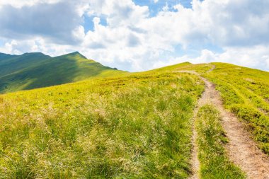 Dik tepeye giden yol. Yazın Karpatlar 'ın dağ manzarasıyla seyahat etmek. Güneşli bir günde mavi gökyüzünde bulutlar olan Ukrayna 'nın çimenli dağlık manzarası. Başarı için motivasyon kavramı