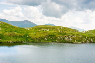 Yazın Alp Gölü kaprası. Güzel manzara. Hava bulutlu. İbne tepesi manzarası. Carpathian sıradağları. Romanya manzarası. Avrupa seyahatlerinin hedefi