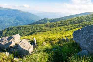 Çimenli yamaçta taşlar olan yuvarlak bir arazi. Güneşli bir sabah. Yazın pürüzsüz Karpat Dağları 'nın güzel dağlık manzarası. Parlak mavi gökyüzünde bulutlar. Manzaralı uzak vadi manzarası