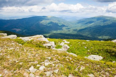 Yazın bulutlu gökyüzü olan dağ manzarası. Bir tepenin yamacındaki çimlerin arasında kayaların arasında doğa gezisi. Açık hava macerası. Karpatlar 'ın güzel dağlık manzarası