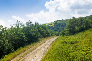 Dağlık arazide çakıllı yol. Yazın Ukrayna 'nın Transcarpathia bölgesini gezeriz. macera sezonu. Borzhava sırtına giden yol. benekli ışıktaki alp manzarası