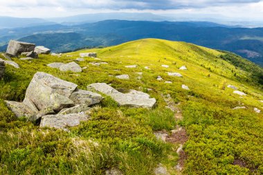 Yazın bulutlu gökyüzü olan dağ manzarası. Ukrayna 'nın resimli dağlık arazisi. Bir tepenin yamacındaki çimlerin arasında kayaların arasında doğa gezisi. Karpatlar 'ın güzel dağlık manzarası