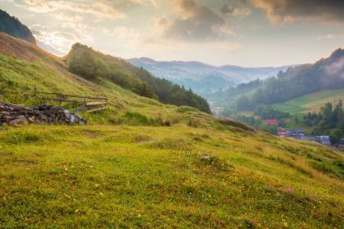 Şafak vakti gökyüzü olan kırsal vadi manzarası. Yazın doğa. Dağdaki yeşil çayır ve tepedeki orman. Manzaralı seyahat yeri manzarası. Açık hava turizmi için çimenleri olan güzel bir kırsal alan.