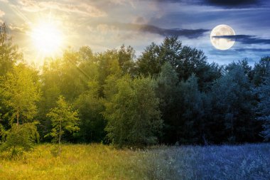 Yaz gündönümünde tepede orman manzarası. Gündüz ve gece zaman kavramını değiştirir. Alacakaranlıkta güneşli ve aylı çiçek açan dağların manzarası. Avrupa kırsalında tatil sezonu