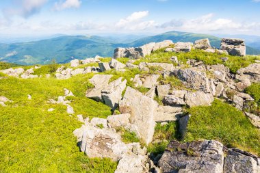 Yazın Karpatlar 'ın sıradağlık arazisi. Tepenin kenarındaki çimenli çayırlar arasında sabah ışığında kocaman beyaz keskin taşlarla muhteşem bir dağ manzarası. Uzaktaki açık manzaraya çarpıcı bir manzara