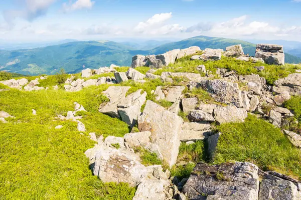 Yazın Karpatlar 'ın sıradağlık arazisi. Tepenin kenarındaki çimenli çayırlar arasında sabah ışığında kocaman beyaz keskin taşlarla muhteşem bir dağ manzarası. Uzaktaki açık manzaraya çarpıcı bir manzara