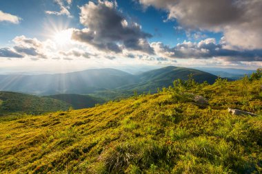 Akşam ışığında Karpatlar 'ın dağ manzarası. Bereketli yeşil tepelerin uzak vadisine bakın. Bulutlu gün batımı