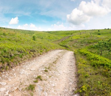Çimenli tepelerden geçen kır yolu. Seyahat yeri. Noktalı ışıkta manzara. Yazın pürüzsüz dağ manzarası. Gökyüzündeki bulutlar. Güzel doğa manzarası
