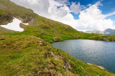 alpine lake in fagaras mountains. grassy slopes with stones and snow under cloudy sky in summer. rippled water surface