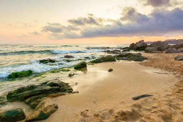 Yaz tatili manzarası. Gün doğumunda dramatik deniz manzarası. Sakin dalgalar sahili kum ve kayalarla yıkıyor. Ufukta güneş ve bulut olan güzel gökyüzü manzarası