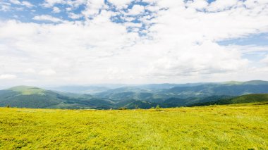 Yazın pürüzsüz bir dağ çayırı. Dokunulmamış doğal çevrenin güzel manzarası. Hava bulutlu. Uzaktaki Ukrayna Karpatları 'nın havza sırtı. seyahat hedefi