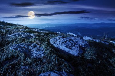 Yazın geceleri dağlık arazinin manzarası. Yeşil çayır ve yolculuk için kaya olan huzurlu doğa ortamı. Dolunay ışığında harika Karpat Alpleri 'nde yürüyüş yapmak. Avrupa 'da harika bir tatil