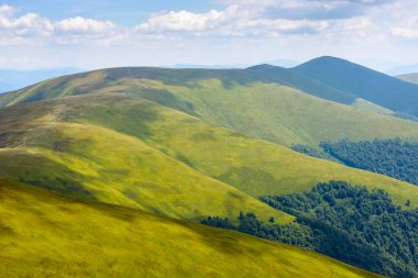 Yazın yeşil çayırları olan dağ manzarası. Karpatlar 'ın yuvarlanan tepeleriyle doğa yürüyüşü. Magura Zhyde Dağı uzakta. Mavi gökyüzünde yumuşak bulutlarla güneşli bir öğleden sonra
