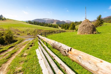 İlkbaharda Ukrayna 'nın dağlık kırsal manzarası. organik otlak. Güneşli bir sabahta kırsal bir manzara. Tepedeki kozalaklı orman. Saman yığını ve ahşap çit mavi gökyüzünün altındaki yeşil çimenlik çayırda