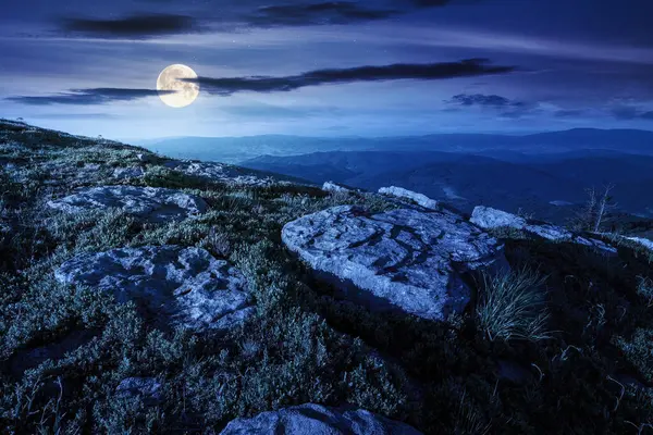 Yazın geceleri dağlık arazinin manzarası. Yeşil çayır ve yolculuk için kaya olan huzurlu doğa ortamı. Dolunay ışığında harika Karpat Alpleri 'nde yürüyüş yapmak. Avrupa 'da harika bir tatil