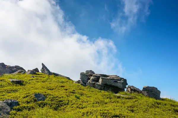 Yazın bulutlu mavi gökyüzünün altındaki tepede bir kaya parçası. Çimlerin arasında büyük bir kumtaşı. Ukrayna 'nın güzel dağlarına yolculuk