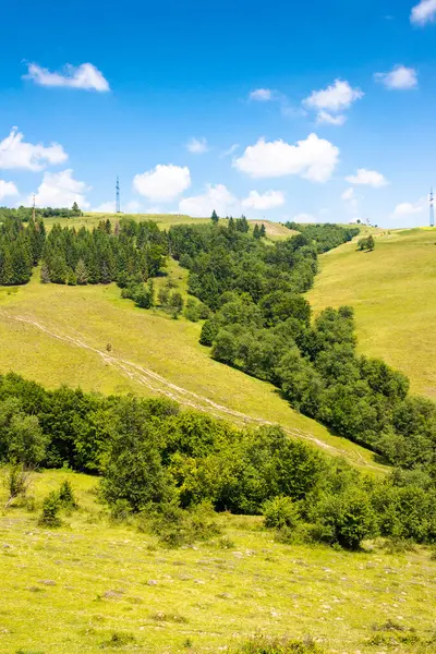 Yazın tepenin üzerinde ormanla birlikte sakin bir kırsal alan. Turizm için güzel bir kırsal Ukrayna manzarası. Harika bir yamaç.