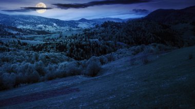 Geceleri dağda engin kırsal alan. Dolunay ışığında orman ve otlaklarla kaplı yuvarlanan tepeler. Koyu bulutlu yıldızlı gökyüzü