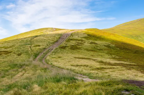 Yürüyüş için patikaları olan yeşil dağ manzarası. Doğa tepesindeki dağlık çayırlarda doğa gezisi ve güzel manzara için tepeye giden yol. Yazın gökyüzü ve bulutlarla Alp turizmi manzarası