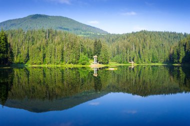 Kozalaklı ormanların arasında göl manzaralı bir yer. Göl kenarındaki enfes dağ manzarasının hava tazeliği. Mavi gökyüzü ile huzurlu güneşli bir yaz sabahı