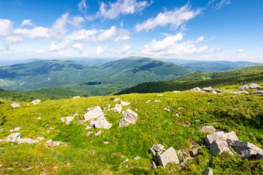 Yeşil tepeli alp manzarası. Vadi manzarası. Yazın Karpatlar 'ın dağ manzarası. Yamaçtaki çimlerin arasındaki kayalar. Harika bir seyahat geçmişi var. Mavi gökyüzü, tepenin üstünde bulutlar