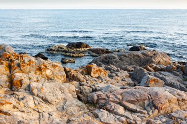 Yazın deniz kıyısı ve kaya manzarası. Taş sahili ve su sıçratan dalgalı güzel bir manzara. İspanya 'da güneşli bir gün. 