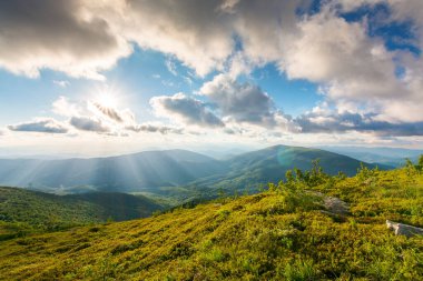 Akşam ışığında Karpatlar 'ın dağ manzarası. Yazın Ukrayna 'nın panoramik manzarası. Bulutlu gün batımı