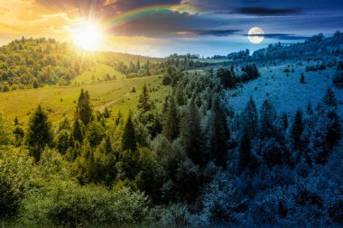 Tepedeki ormanlı yaz manzarası. Alacakaranlıkta güneşli ve aylı dağlık arazi manzarası. Yeşil yapraklı ağaçların olduğu gizemli bir ortam. Koyu mavi gökyüzü ve gökkuşağı altında manzara
