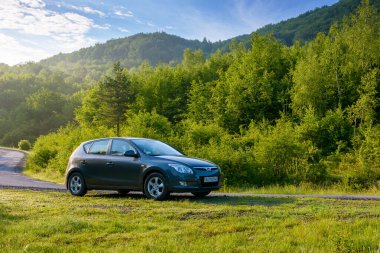 Pepechyn, Ukrayna - 10 Haziran 2020: kırsal yolda araba. Doğu Avrupa 'nın Alp bölgesinde güzel bir tatil yeri. Tepedeki yeşil yaprak döken orman