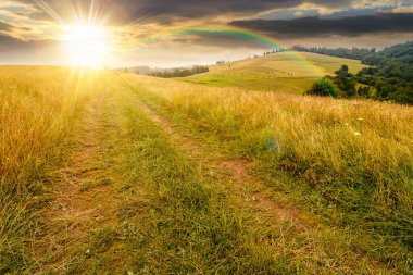 Yazın gün batımında çayırların arasından geçerek dağ manzarasını dolaşmak. Bulutlu gökyüzü ile doğa arka planı. Ormana doğru otların arasında dolanan patika. Gökkuşağının altında kırsal alanda akşam ışığında