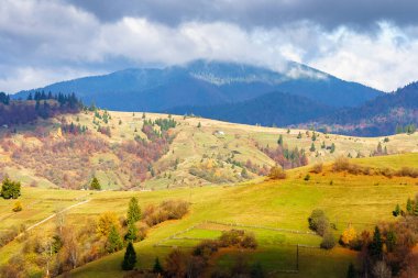 Sonbaharda Karpatlar 'ın manzarası. Yuvarlanan tepelerde orman ve çayır olan dağlık bir arazi. Güneşli bir günde sonbaharda seyahat etmek için güzel bir Ukrayna manzarası.