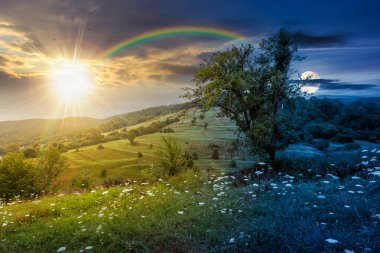Yazın bir tepede tarlası olan kırsal alan. Gündüz ve gece zaman kavramını değiştirir. Alacakaranlıkta güneş ve ayın olduğu güzel tarım arazisi manzarası. Gökkuşağının altındaki kırsal tarım arazisinde açık hava macerası