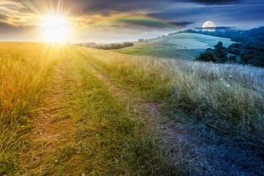 Yaz gündönümünde çayırların arasından geçerek dağ manzarasını dolaşmak. Gündüz ve gece zaman kavramını değiştirir. Ormana doğru otların arasında dolanan patika. Alacakaranlıkta güneş ve ayın olduğu kırsal bölgede.
