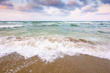 Fırtınadan önce deniz gelgiti. Islak kumsalda köpüklü dalgalar. Kadife mevsiminde rüzgarlı bir hava. dramatik deniz manzarası arkaplanı