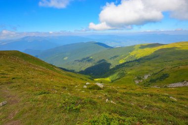 Yuvarlanan tepeleri olan harika bir dağ manzarası. Petros Dağı 'nın manzarası harika. Karpatlar 'da yaz macerası. Kabarık bulutlu mavi gökyüzü. Alp manzarası öğlen vakti benekli ışıkta