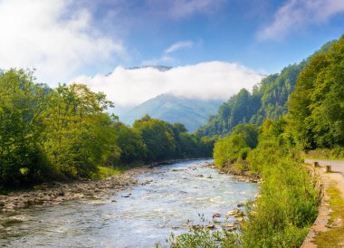 Nehir, dağ manzarasında ormanın içinden akar. Yazın Ukrayna 'ya seyahat. Mavi gökyüzünün altında bulutlu güzel bir manzara. Tisza Nehri Vadisi manzarası
