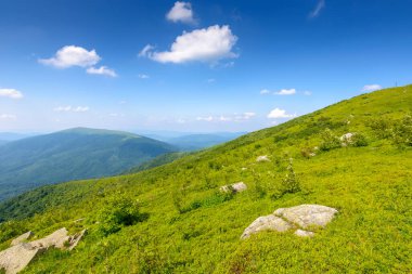 Yazın dağ manzarası. Yeşil tepe ve mavi gökyüzü. Öğleden sonra güneşli bir havada Ukrayna 'nın dağlık manzarasında seyahat etmek için doğal manzara. Karpat dağının huzurlu manzarası pürüzsüz