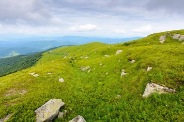 Bulutlu bir günde Ukrayna dağının güzel doğası. Tepelerde kaya ve çimlerle yürüyüş yapmak. Yukarıdan uzak vadiye doğru görüş.