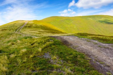 Yaz aylarında dağ turizmine giden yol. Ukrayna 'nın alp manzarası. Borzhava tepesinin güzel manzarası, mavi gökyüzünün altında bulutlu yeşil tepeler.