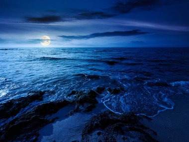 Kumsalda geceleri kum olur. Yaz tatilinde deniz kenarında. Dolunay ışığında sakin dalgalarla güzel bir deniz manzarası. Gökyüzünün altında kabarık bulutlarla deniz manzarası