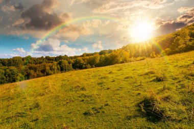Sonbaharda günbatımında dağların kırsal kesimindeki tepede orman. Akşam vakti gökkuşağının altında kırsal bölgenin harika manzarası. Eylül ayında çimenli çayırların yanında yaprak döken ağaçlar.