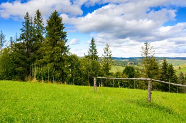 Dağlarda çayır olan kırsal bir manzara. Geniş kırsal alan, yeşil arazide ahşap çitler ve sonbahar öğleden sonraları ormanlık tepeler.